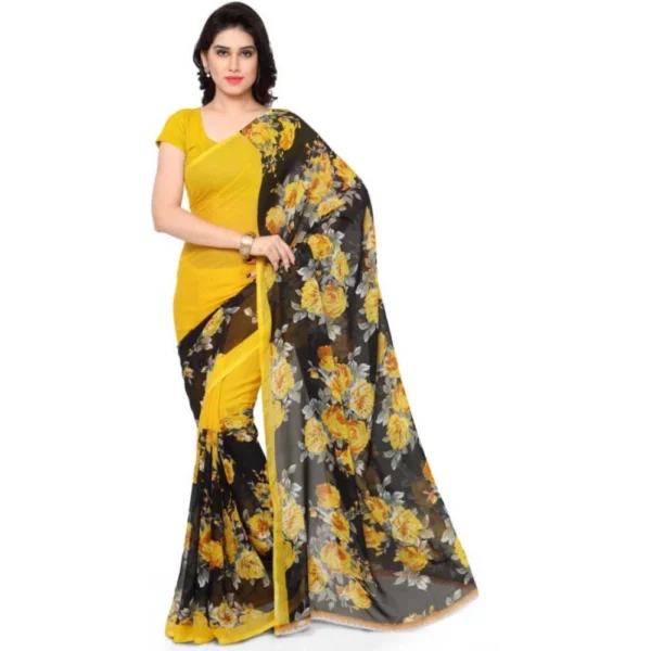 Printed Faux Georgette Yellow Color Saree