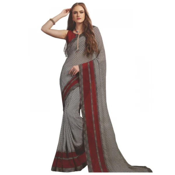 Womens Georgette Digital Printed Saree (Grey, Red, 6.25 Mtr)