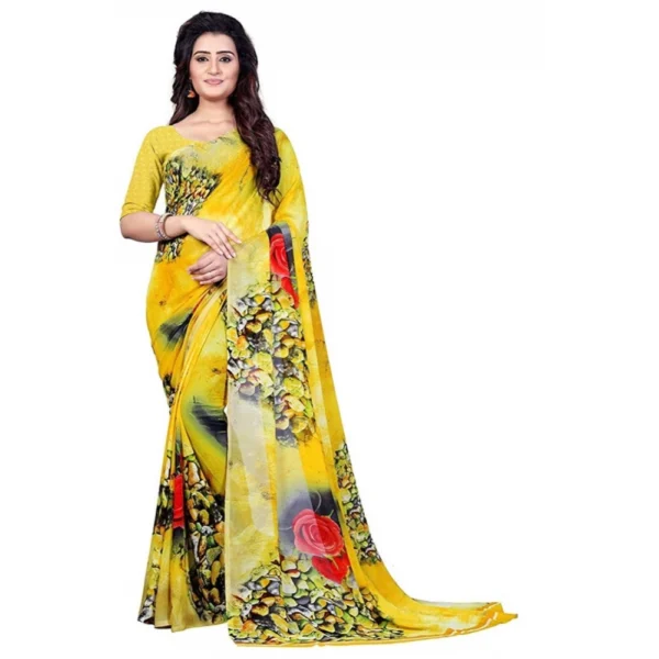 Printed Faux Georgette Yellow Color Saree