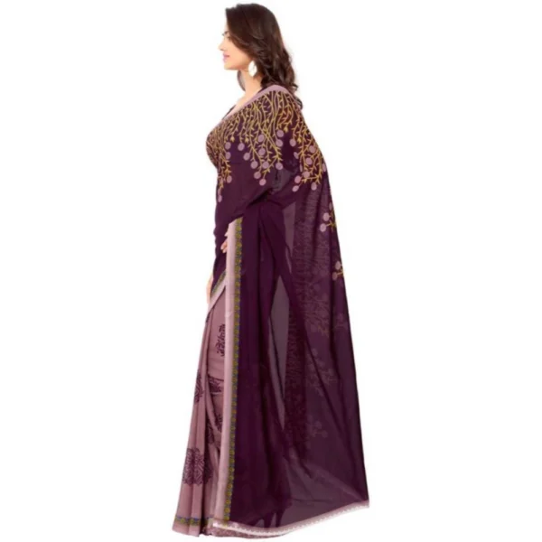 Printed Faux Georgette Wine Color Saree - Image 3