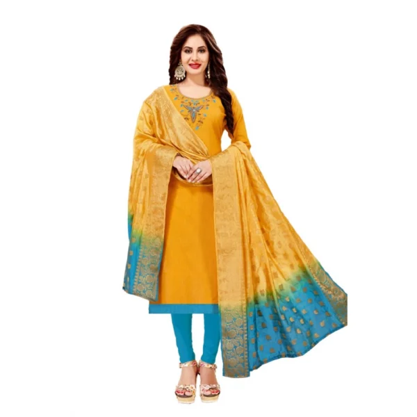 Women's Slub Cotton Unstitched Salwar-Suit Material With Dupatta (Yellow, 2-2.5mtrs)