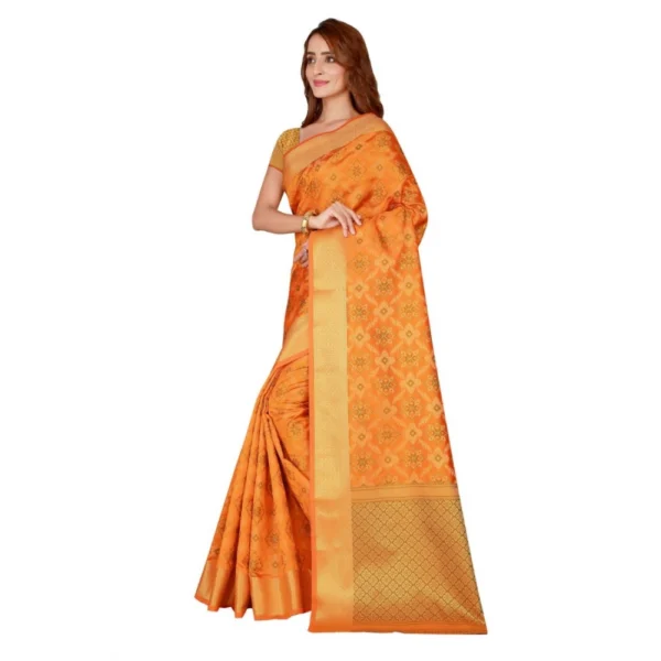 Women's Kanjivaram Silk Saree with Blouse (Yellow, 5-6 Mtrs) - Image 3