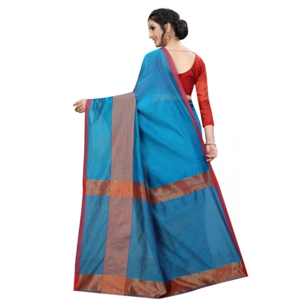 Women's Cotton Saree With Blouse (Sky Blue, 5-6 Mtrs) - Image 2