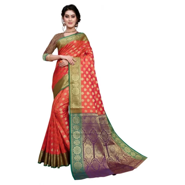 Women's Sana Silk Jacquard Saree With Blouse (Orange, 5-6 Mtrs)