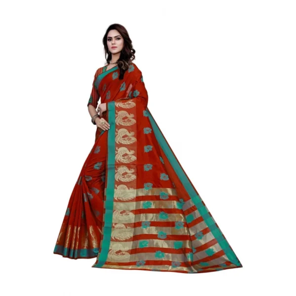 Women's Art Silk, Jacqaurd Saree With Blouse (Red, 5-6 Mtrs) - Image 3