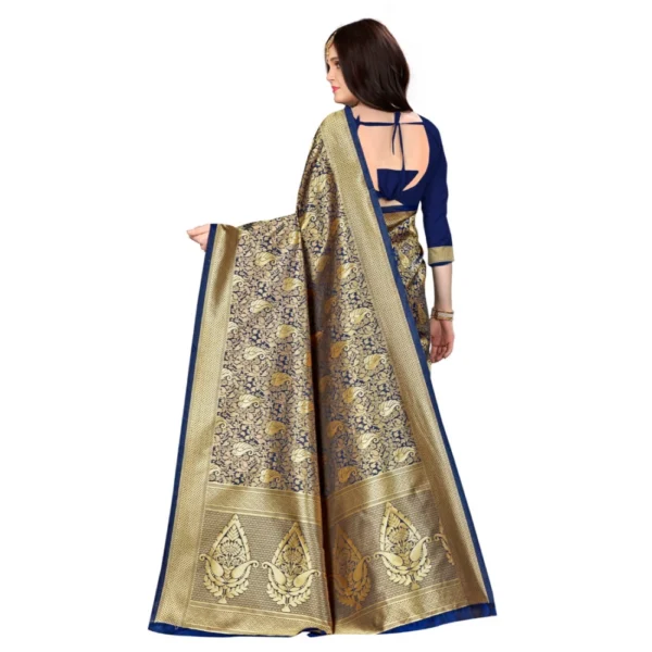 Women's Banarasi silk Saree with Blouse (Navy blue, 5-6mtr) - Image 2