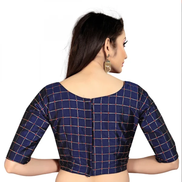 Women's Brocade, Inner-Cotton Full Stitched Padded Blouse (Navy Blue ) - Image 5