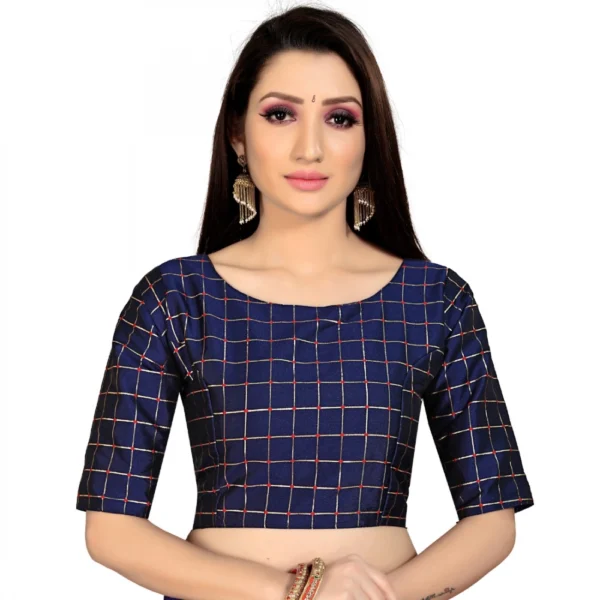 Women's Brocade, Inner-Cotton Full Stitched Padded Blouse (Navy Blue )