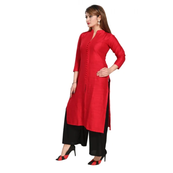 Women's Silk Self Pattern Straight Kurti-Red - Image 3