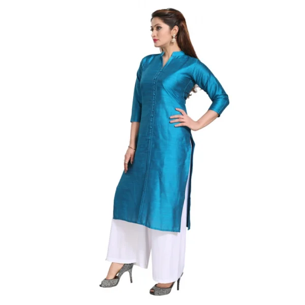 Women's Silk Self Pattern Straight Kurti-Blue - Image 3