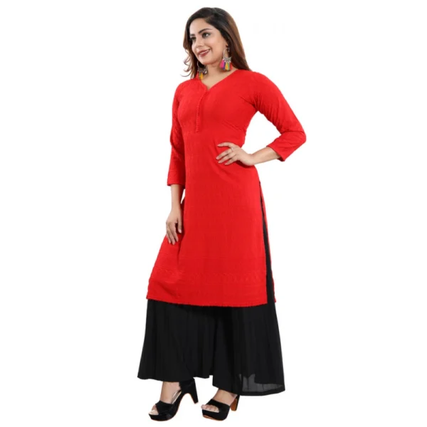 Women's Rayon Embroidered Straight Kurti-Red - Image 3