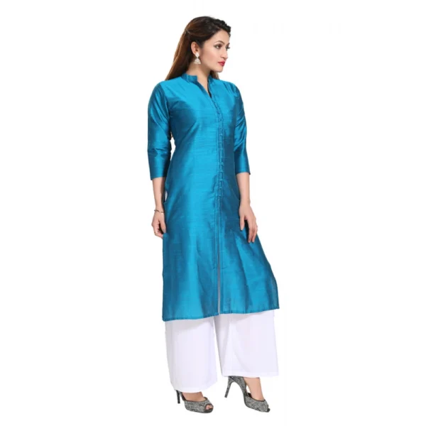 Women's Silk Self Pattern Straight Kurti-Blue - Image 5