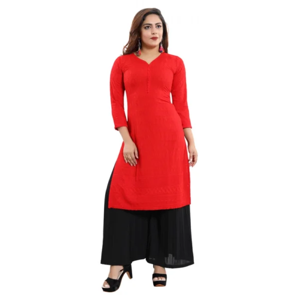 Women's Rayon Embroidered Straight Kurti-Red