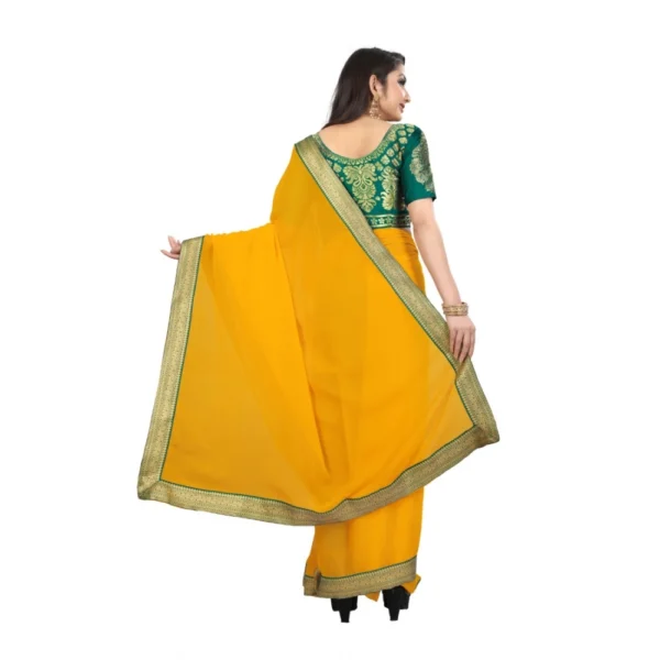 Women's Chiifon, Jacquard Blouse Saree(Yellow,5-6 Mtrs) - Image 3