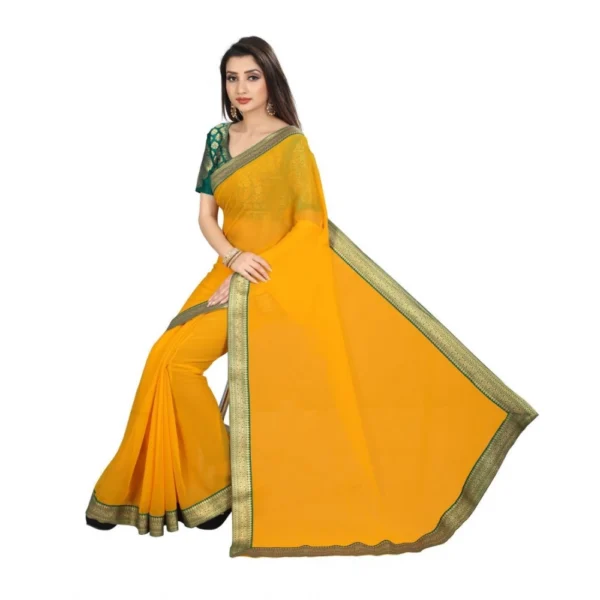 Women's Chiifon, Jacquard Blouse Saree(Yellow,5-6 Mtrs) - Image 2