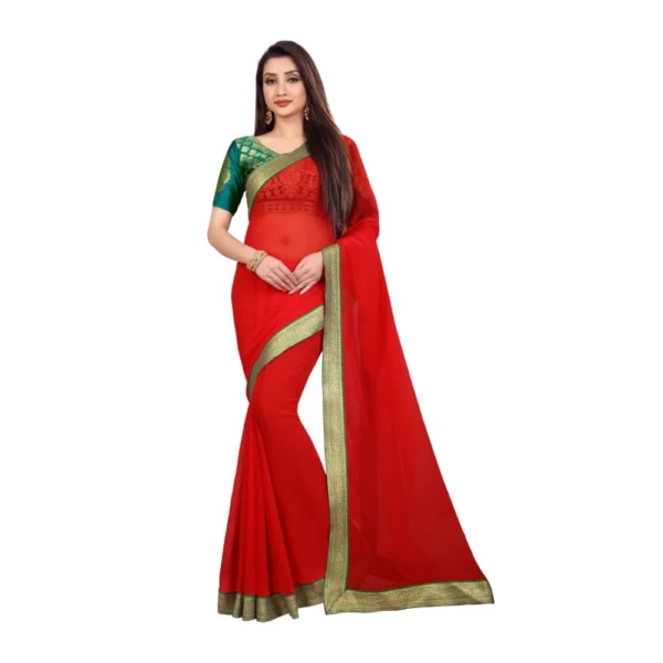 Women's Chiifon, Jacquard Blouse Saree(Red,5-6 Mtrs)