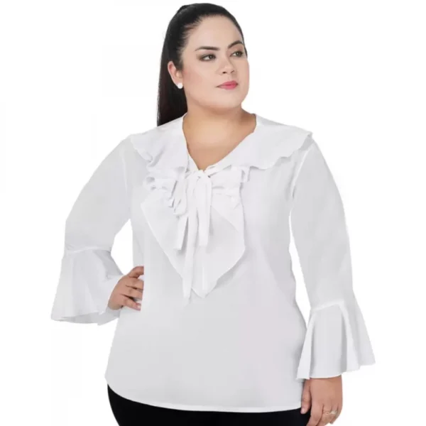 Women's Casual Bell Sleeve Solid White Top (Color:White, Material:Georgette)