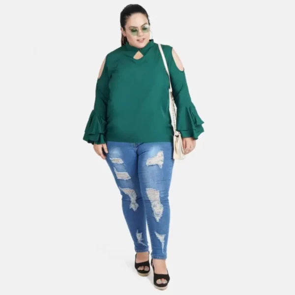 Women's Casual Bell Sleeve Solid Green Top (Color:Green, Material:Crepe) - Image 2