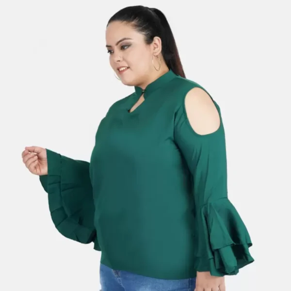 Women's Casual Bell Sleeve Solid Green Top (Color:Green, Material:Crepe) - Image 3