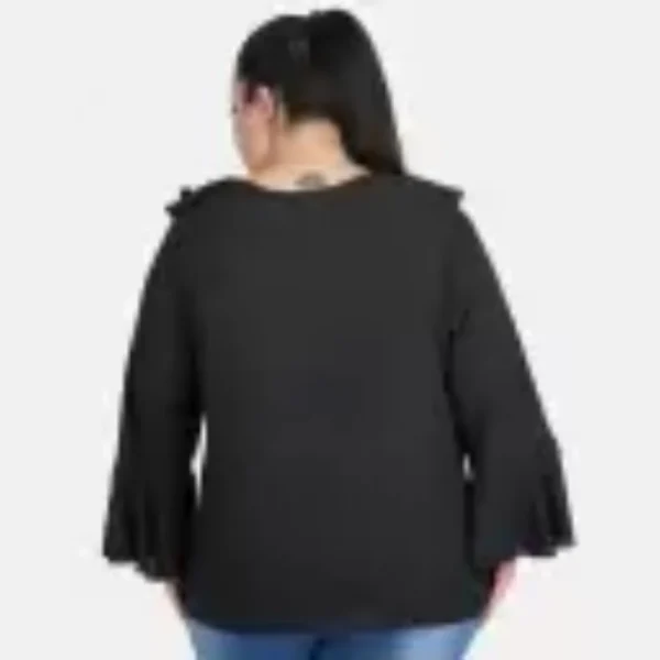 Women's Casual Bell Sleeve Solid Black Top (Color:Black, Material:Georgette) - Image 3