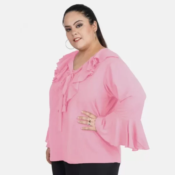 Women's Casual Bell Sleeve Solid Pink Top (Color:Pink, Material:Georgette) - Image 4