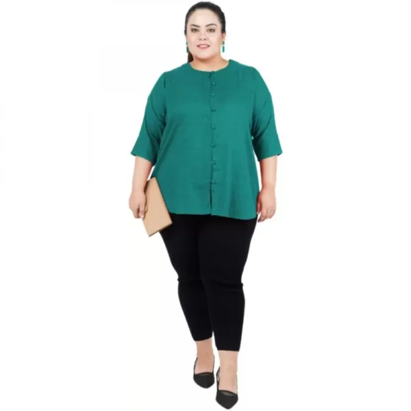 Women's Casual Solid Green Top (Color:Green, Material:Cotton Linen Blend) - Image 2