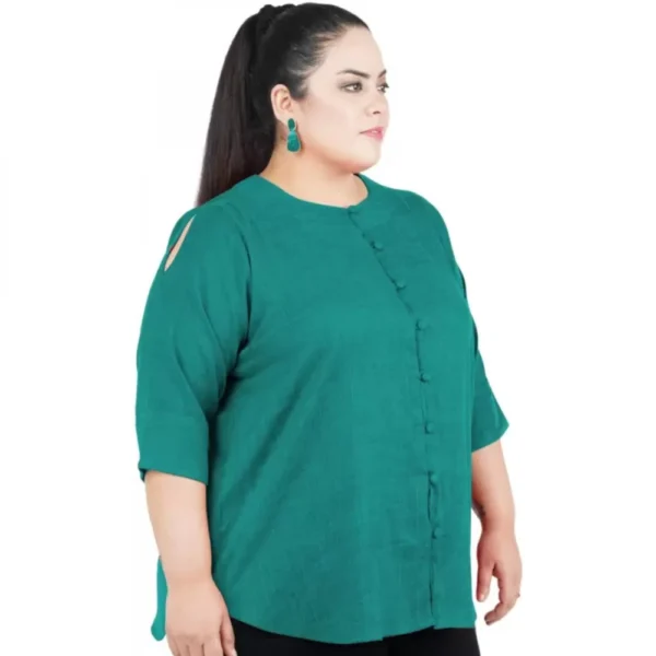 Women's Casual Solid Green Top (Color:Green, Material:Cotton Linen Blend) - Image 6