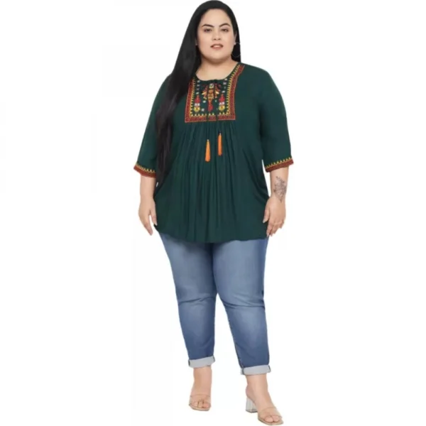 Women's Casual Embroidered Dark Green Top (Color:Dark Green, Material:Rayon) - Image 2