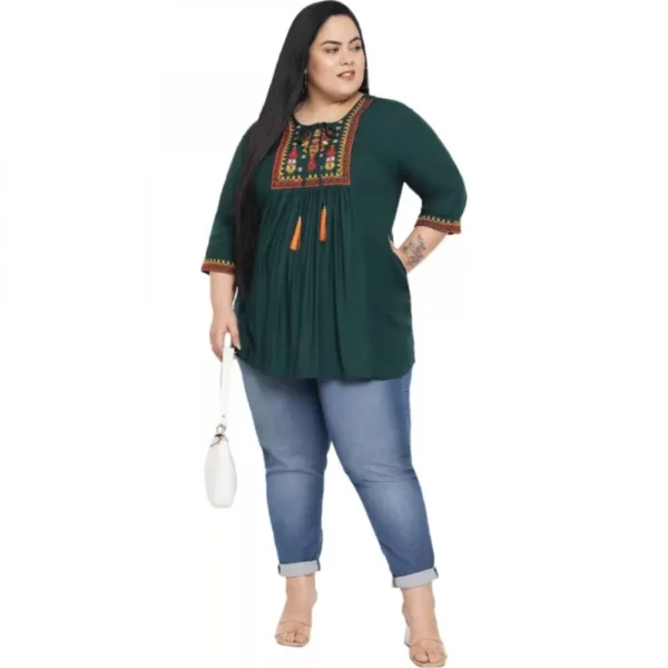 Women's Casual Embroidered Dark Green Top (Color:Dark Green, Material:Rayon) - Image 4