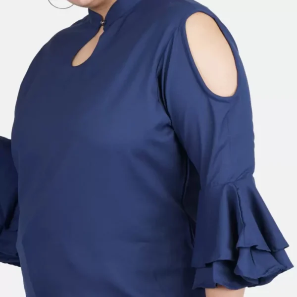 Women's Casual Bell Sleeve Solid Blue Top (Color:Blue, Material:Crepe) - Image 2