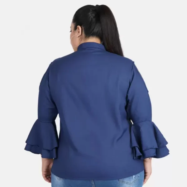 Women's Casual Bell Sleeve Solid Blue Top (Color:Blue, Material:Crepe) - Image 6