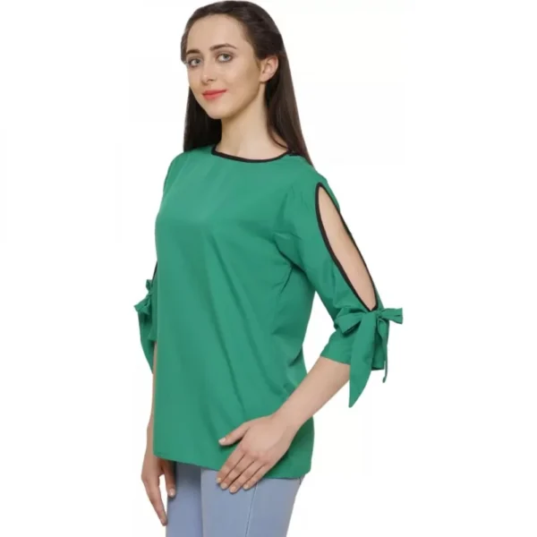 Women's Casual Slit Sleeve Solid Green Top (Color:Green, Material:Poly Crepe) - Image 2