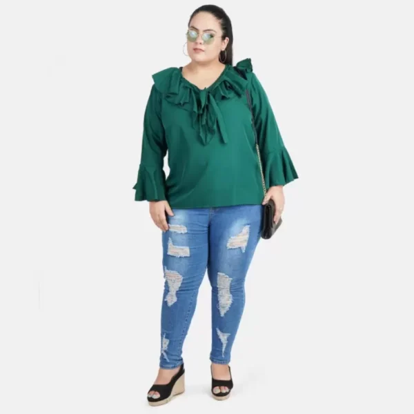 Women's Casual Bell Sleeve Solid Green Top (Color:Green, Material:Georgette) - Image 2