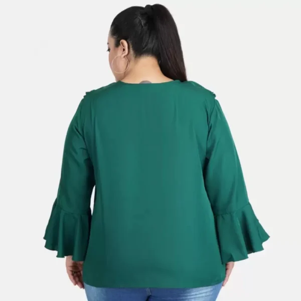 Women's Casual Bell Sleeve Solid Green Top (Color:Green, Material:Georgette) - Image 3