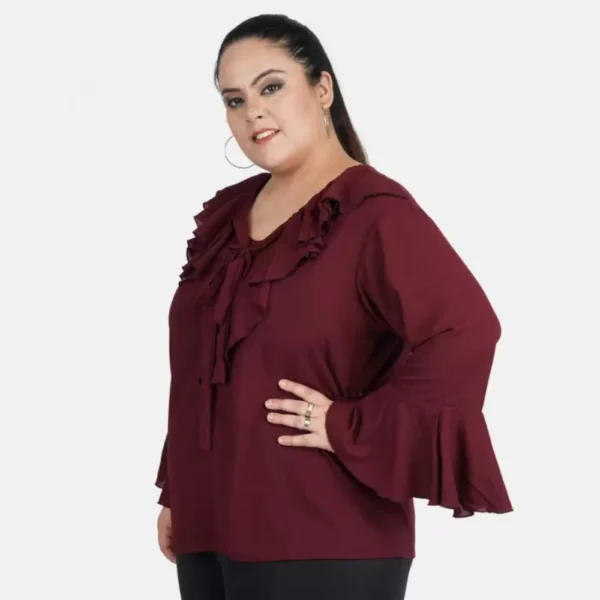 Women's Casual Bell Sleeve Solid Maroon Top (Color:Maroon, Material:Georgette) - Image 4