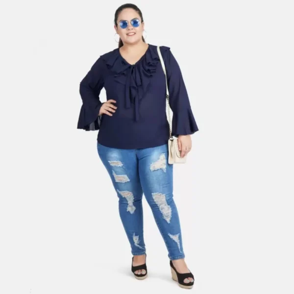 Women's Casual Bell Sleeve Solid Blue Top (Color:Blue, Material:Georgette) - Image 2