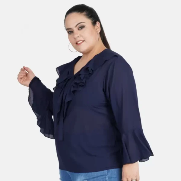 Women's Casual Bell Sleeve Solid Blue Top (Color:Blue, Material:Georgette) - Image 4