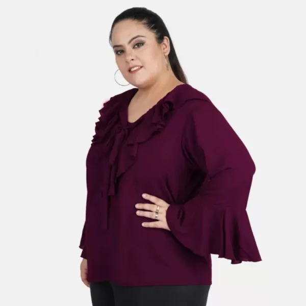 Women's Casual Bell Sleeve Solid Purple Top (Color:Purple, Material:Georgette) - Image 4