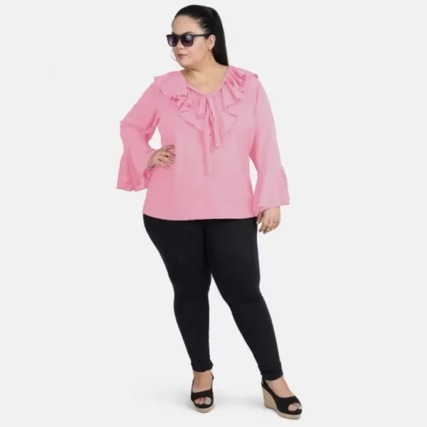 Women's Casual Bell Sleeve Solid Pink Top (Color:Pink, Material:Georgette) - Image 2