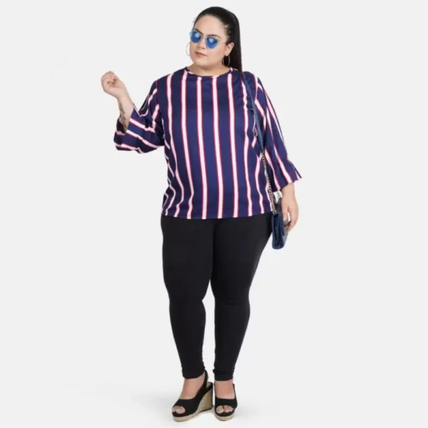 Women's Casual Bell Sleeve Striped Blue Top (Color:Blue, Material:Crepe) - Image 2