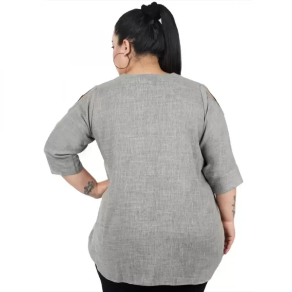 Women's Casual Solid Grey Top (Color:Grey, Material:Cotton Linen Blend) - Image 3