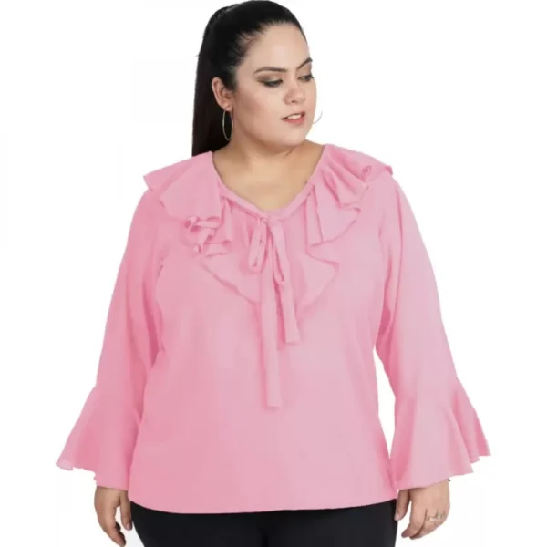 Women's Casual Bell Sleeve Solid Pink Top (Color:Pink, Material:Georgette)