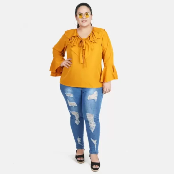 Women's Casual Bell Sleeve Solid Yellow Top (Color:Yellow, Material:Georgette) - Image 2