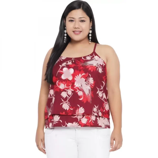 Women's Casual Floral Print Red Top (Color:Red, Material:Polyester)