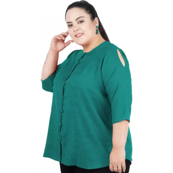 Women's Casual Solid Green Top (Color:Green, Material:Cotton Linen Blend) - Image 5