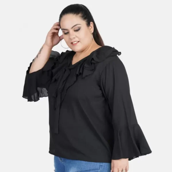 Women's Casual Bell Sleeve Solid Black Top (Color:Black, Material:Georgette) - Image 4