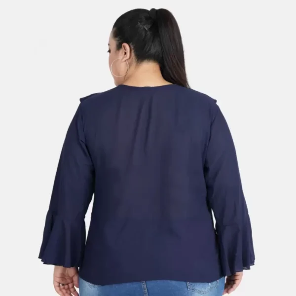 Women's Casual Bell Sleeve Solid Blue Top (Color:Blue, Material:Georgette) - Image 3