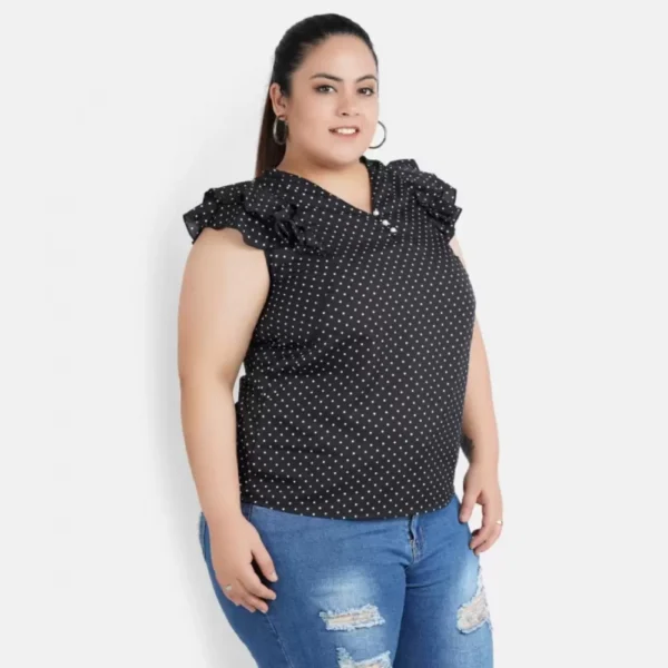 Women's Casual Flutter Sleeve Polka Print Black Top (Color:Black, Material:Crepe) - Image 2