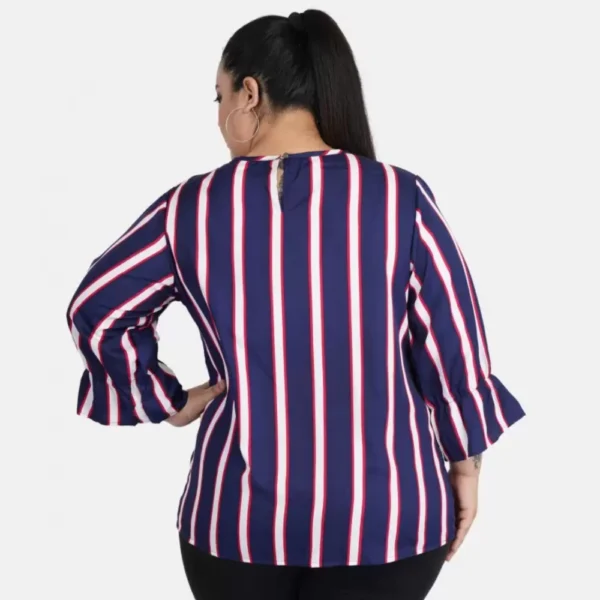 Women's Casual Bell Sleeve Striped Blue Top (Color:Blue, Material:Crepe) - Image 4