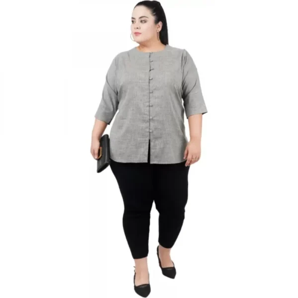 Women's Casual Solid Grey Top (Color:Grey, Material:Cotton Linen Blend) - Image 2